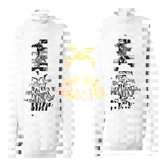 One Thankful Mama Funny Pumpkin Messy Bun Thanksgiving V7 Men Women Sweatshirt Graphic Print Unisex - Thegiftio