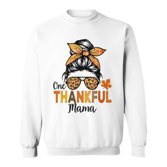 One Thankful Mama Thanksgiving Women Messy Bun Leopard Men Women Sweatshirt Graphic Print Unisex - Seseable