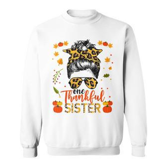 One Thankful Sister Leopard Messy Bun Autumn Thanksgiving Men Women Sweatshirt Graphic Print Unisex - Seseable
