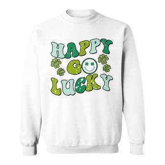 St Patricks Day Happy Go Lucky Shamrock Irish Retro Groovy V2 Sweatshirt | Mazezy