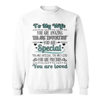 To My Wife You Are Amazing You Are Imprtant You Are Special You Are Unique You Are Kind You Are Precious You Are Loved Sweatshirt - Monsterry CA