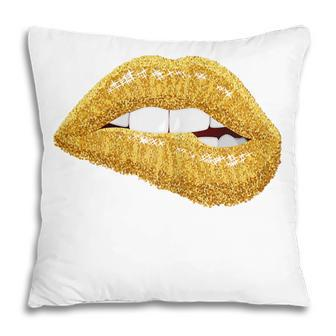 Gold Lips Biting Lipstick Makeup Gift For Womens Pillow | Mazezy