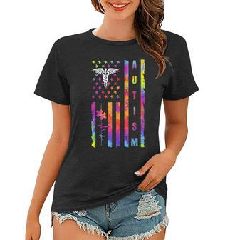 American Flag Nurse Autism Awareness Tie Dye Design Gift Women T-shirt | Mazezy