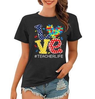 Autism Awareness Month Love Heart Puzzle Piece Teacher Life Women T-shirt - Seseable