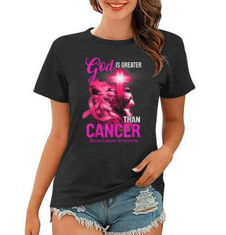 Christian Lion Cross God Is Greater Than Cancer Pink Ribbon Women T-shirt - Seseable