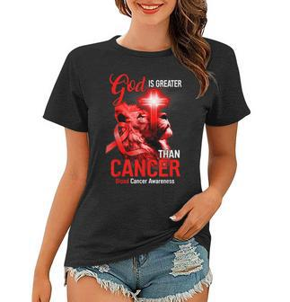 Christian Lion Cross God Is Greater Than Cancer Red Ribbon Women T-shirt - Seseable