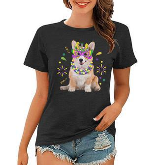 Cut Puppy Corgi Wearing Mardi Gras Mask Beads Funny Carnival Women T-shirt - Seseable