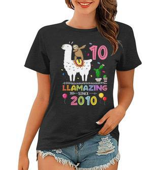 Cute 10Th Birthday Gift Sloth And Llama Llamazing Since 2010 Women T-shirt - Seseable