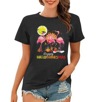 Cute Flamingo Hallothanksmas Happy Halloween Thanksgiving Women T-shirt - Thegiftio UK