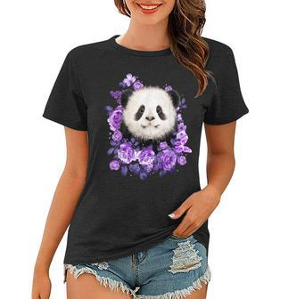 Cute Panda Purple Flowers Panda Lovers Gift Women T-shirt - Seseable