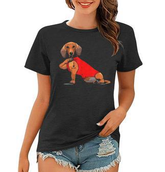 Dachshund Tattoos I Love Mom Sitting Funny Gift Fathers Day Women T-shirt - Seseable
