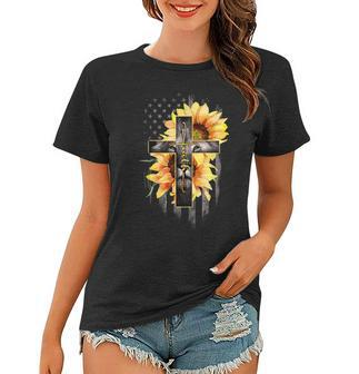 Faith Cross Christian Lion Sunflower American Flag Women T-shirt - Seseable