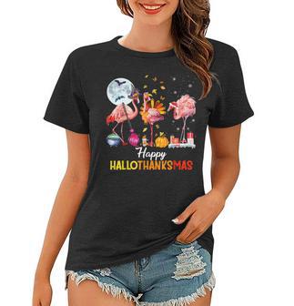 Flamingo Halloween And Merry Christmas Happy Hallothanksmas V3 Women T-shirt - Thegiftio UK