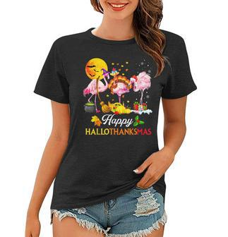 Flamingo Halloween And Merry Christmas Happy Hallothanksmas V5 Women T-shirt - Thegiftio UK