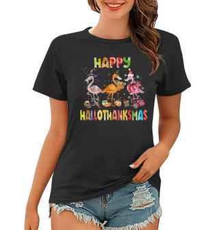 Flamingo Lover Halloween Christmas Happy Hallothanksmas Women T-shirt - Thegiftio UK