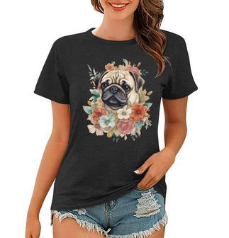 Floral Pug Dog Spring Nature Dog Lovers Women T-shirt | Mazezy