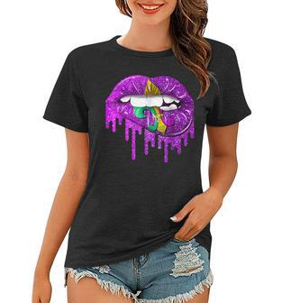 Funny Mardi Gras Carnival Purple Gold Lips Dripped Women T-shirt - Seseable