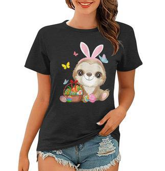 Funny Sloth Bunny Ear With Eggs Basket Easter Costume Rabbit Women T-shirt | Mazezy
