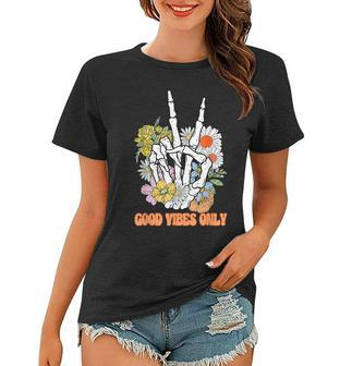 Good Vibes Only Floral Skeleton Hand Fall Autumn Halloween Women T-shirt | Mazezy