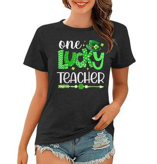 Green Leopard Shamrock One Lucky Teacher St Patricks Day Women T-shirt - Seseable