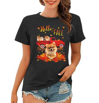 Hello Fall Pomeranian Leaf Autumn Red Truck Dog Lover Women T-shirt - Thegiftio UK