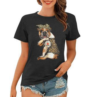 I Love Mom Tattoo Funny Bulldog Dog With Bandana Women T-shirt - Seseable