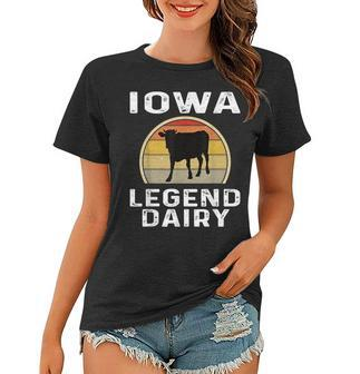 Iowa Dairy Farmer Legend Frauen Tshirt mit Retro-Sonnenuntergang & Kuhmotiv - Seseable