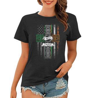 Irish Pride American Flag Celtic Cross St Patricks Day Women T-shirt - Seseable