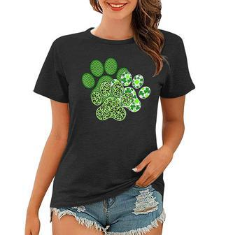 Leopard Shamrocks St Patricks Day Dog Paw Print Cute Women T-shirt - Seseable