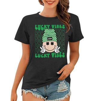 Lucky Vibes Hippie Groovy St Patricks Day Shamrock Irish Women T-shirt - Seseable