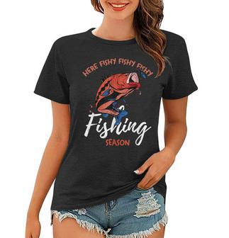 Lustiges Angler-Frauen Tshirt Here Fishy Fishy, Perfekt für Angelsaison - Seseable