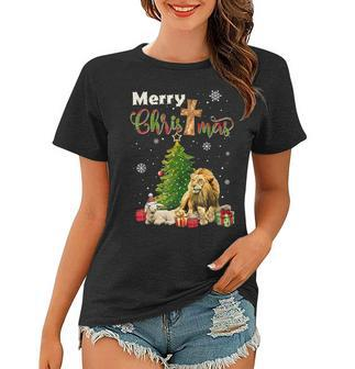 Merry Christmas Christian Lion Christmas Tree Xmas Women T-shirt - Seseable