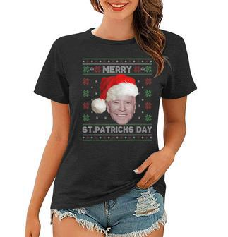 Merry St Patricks Day Funny Santa Joe Biden Ugly Christmas Women T-shirt - Seseable