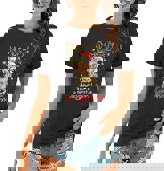 Mooey Christmas Highland Cow Xmas Light Santa Hat Women T-shirt | Mazezy