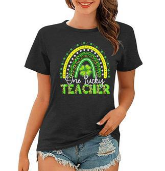 One Lucky Teacher Leopard Rainbow Shamrock St Patricks Day Women T-shirt - Seseable