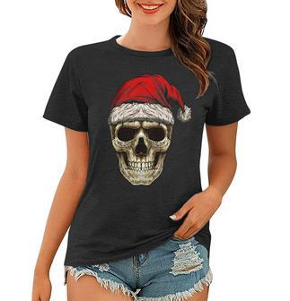 Santa Hat Sugar Skull Day Of The Dead Funny Christmas Skull Women T-shirt | Mazezy