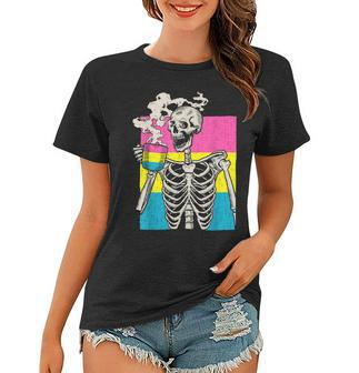 Skeleton Drinking Coffee Lgbt-Q Pansexual Pride Pan Flag Women T-shirt | Mazezy