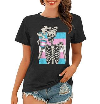 Skeleton Drinking Coffee Lgbt-Q Transgender Pride Trans Flag Women T-shirt | Mazezy