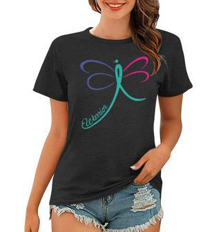 Thyroid Cancer Awareness Warrior Dragonfly Ribbon Women T-shirt - Seseable