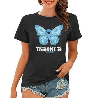 Trisomy 18 Awareness Month Light Blue Ribbon Butterfly Women T-shirt | Mazezy