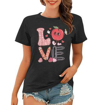 Valentine Teacher Love Retro Groovy Valentines Day Teachers Women T-shirt - Seseable