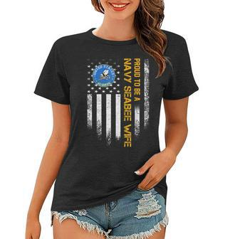 Vintage Usa American Flag Proud To Be A Us Navy Seabee Wife Women T-shirt | Mazezy