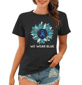We Wear Blue Colon Cancer Awareness Month Ribbon Sunflower Women T-shirt | Mazezy