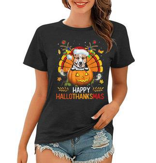 Welsh Corgi Happy Hallothanksmas Halloween Christmas Women T-shirt - Thegiftio UK