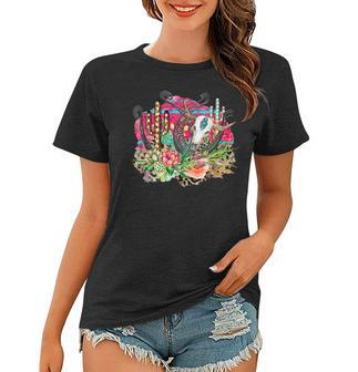 Western Flowers Cactus Leopard Serape Cow Bull Skull Cowgirl Women T-shirt | Mazezy