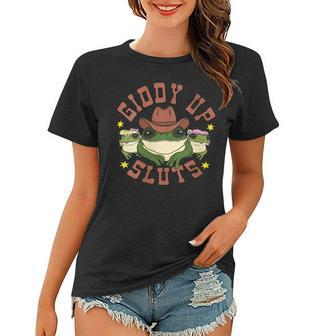 Womens Giddy Up Sluts Funny Western Cowgirl Ranch Rodeo Frog Women T-shirt | Mazezy