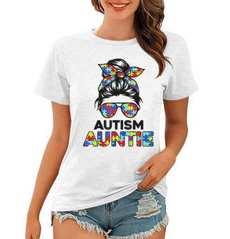 Autism Auntie Messy Bun Autism Awareness Aunt Women T-shirt | Mazezy