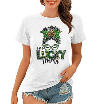 Cute Messy Bun Leopard Plaid St Patricks Day One Lucky Mama Women T-shirt - Thegiftio UK