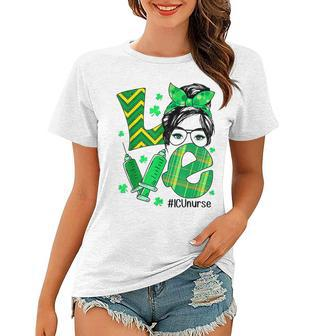 Funny Icu Nurse St Patricks Day Love Nurse Life Messy Bun Women T-shirt - Seseable