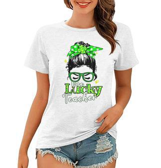 Funny Love Messy Bun Teacher Life St Patricks Day Shamrock V2 Women T-shirt - Seseable